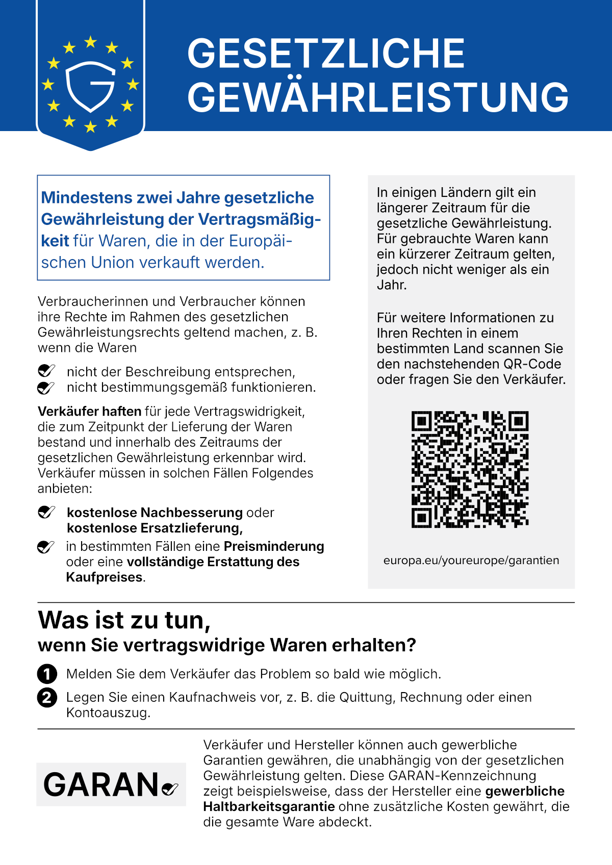 Gesetzliche Gew&auml;hrleistung &ndash; Verbraucherinformation